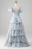A Line Square Neck Light Blue Tiered Prom Dress with Ruffles