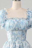 A Line Square Neck Light Blue Tiered Prom Dress with Ruffles