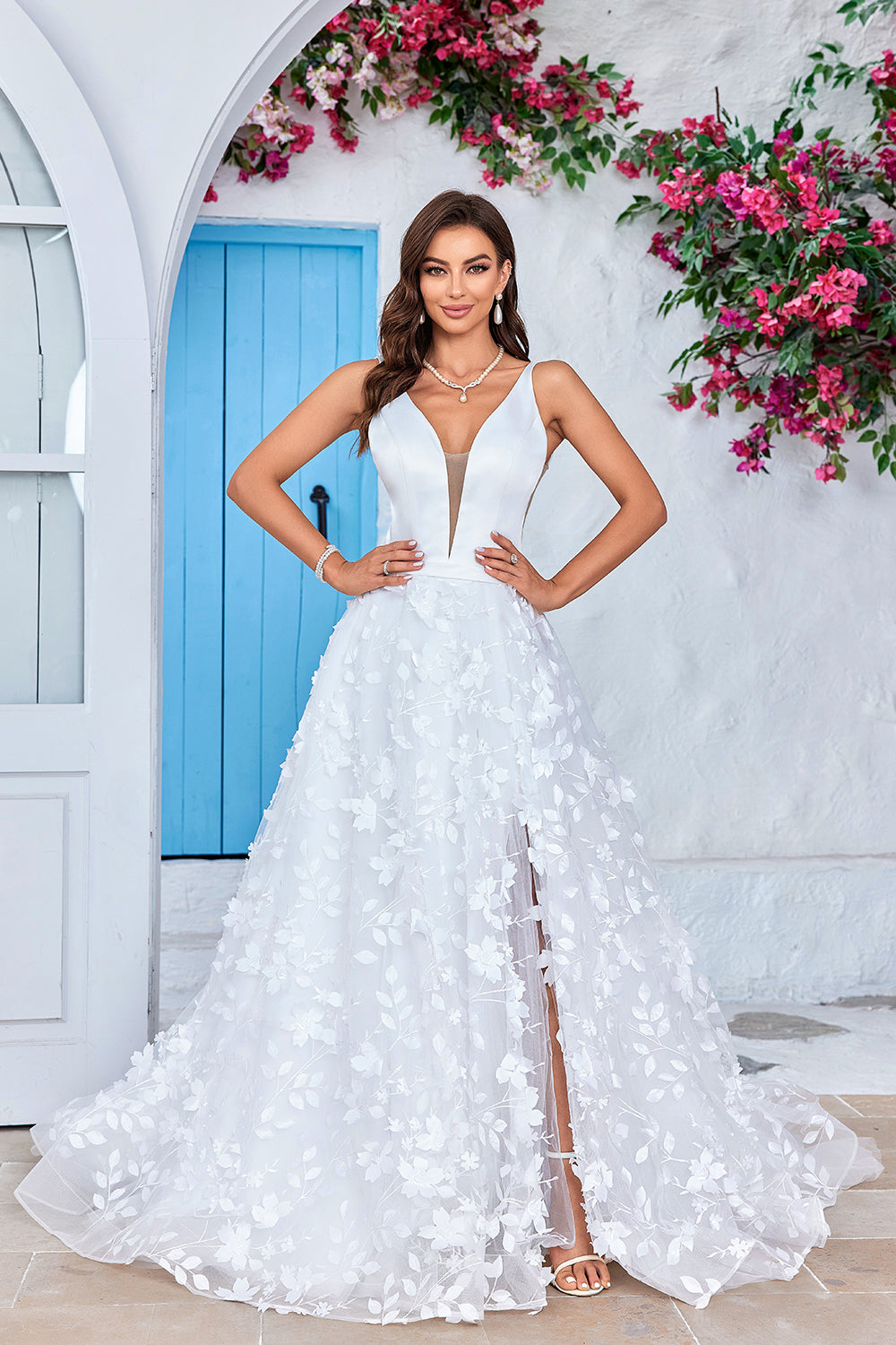 Leely Women Ivory A Line V Neck Wedding Dress with 3D Flowers Backless Sweep Train Bridal Dress leelyuk