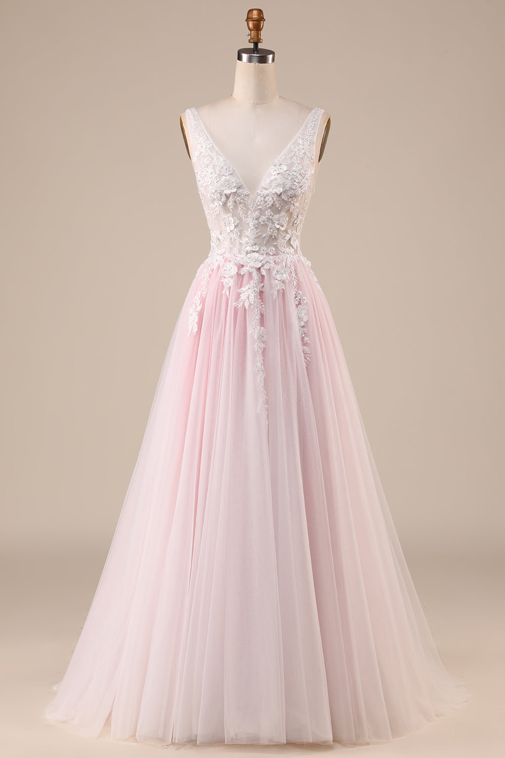 Pink A-Line Tulle Sweep Train Wedding Dress with Appliques