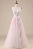 Pink A-Line Tulle Sweep Train Wedding Dress with Appliques