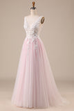 Pink A-Line Tulle Sweep Train Wedding Dress with Appliques