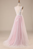Pink A-Line Tulle Sweep Train Wedding Dress with Appliques