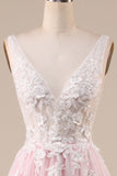 Pink A-Line Tulle Sweep Train Wedding Dress with Appliques