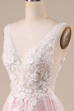 Pink A-Line Tulle Sweep Train Wedding Dress with Appliques