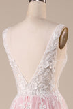 Pink A-Line Tulle Sweep Train Wedding Dress with Appliques