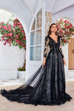 Elegant A Line V Neck Black Long Sleeves Chapel Train Lace Wedding Dress