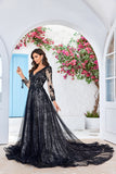 Elegant A Line V Neck Black Long Sleeves Chapel Train Lace Wedding Dress