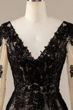 Sparkly Black Long Sleeves Chapel Train Lace Wedding Dress