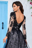 Elegant A Line V Neck Black Long Sleeves Chapel Train Lace Wedding Dress