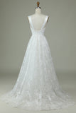 Ivory Lace V-Neck Wedding Dress with Slit