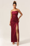 Burgundy Plus Size Mermaid Spaghetti Straps Long Bridesmaid Dress with Slit