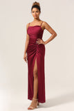 Burgundy Plus Size Mermaid Spaghetti Straps Long Bridesmaid Dress with Slit