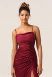 Burgundy Plus Size Mermaid Spaghetti Straps Long Bridesmaid Dress with Slit