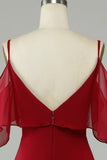 Asymmetrical Cold Shoudler Burgundy Long Bridesmaid Dress with Ruffles