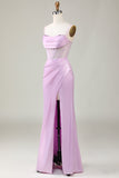 Mermaid Spaghetti Straps Lilac Long Bridesmaid Dress with Slit