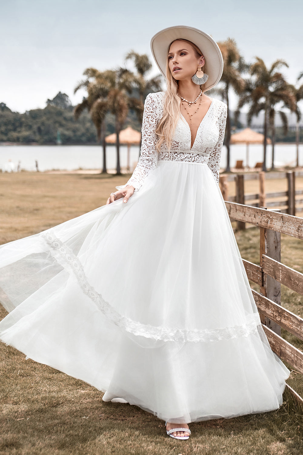 Ivory A Line Backless Deep V-neck Wedding Dress With Lace