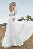 Ivory A Line Backless Deep V-neck Wedding Dress With Lace