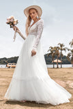 Ivory A Line Backless Deep V-neck Wedding Dress With Lace