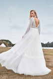 Ivory A Line Backless Deep V-neck Wedding Dress With Lace
