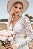Ivory A Line Backless Deep V-neck Wedding Dress With Lace