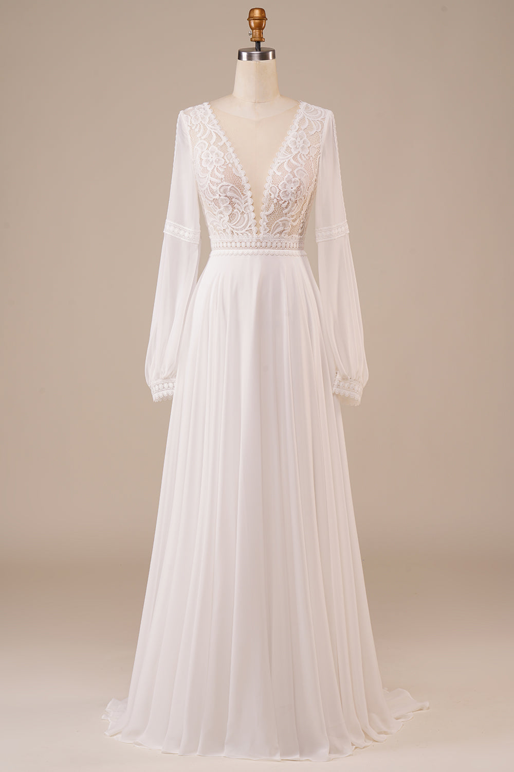 Leely Women Ivory Wedding Dress with Lace Deep V-Neck Long Sleeves