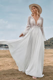 Leely Women Ivory Wedding Dress with Lace Deep V-Neck Long Sleeves Bridal Dress