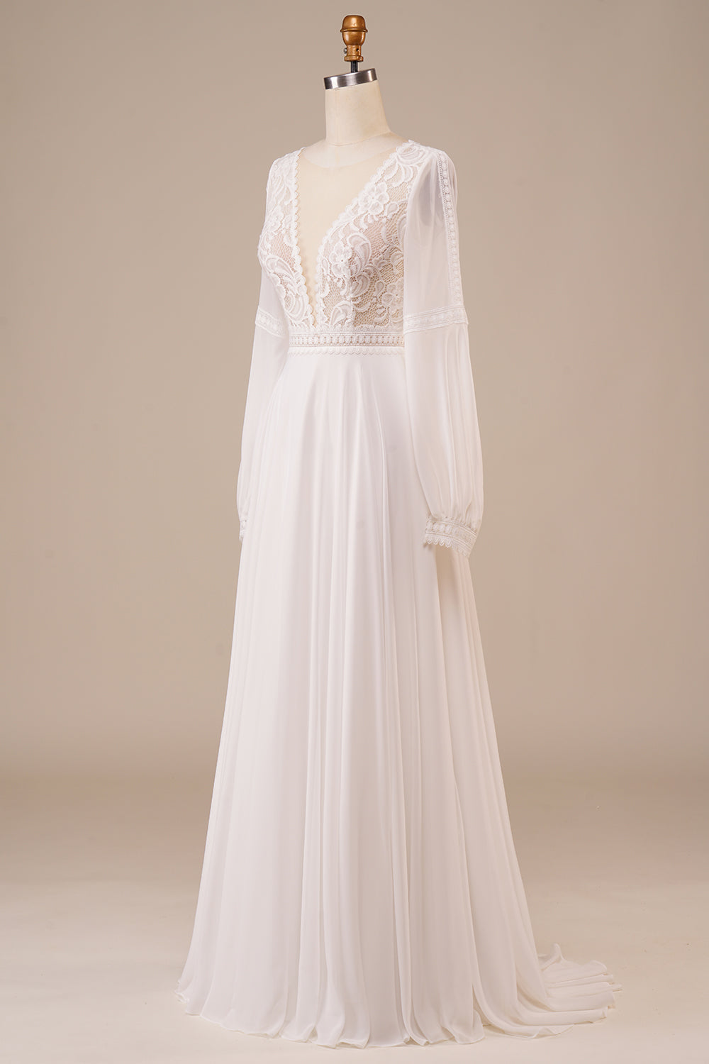 Leely Women Ivory Wedding Dress With Lace Deep V Neck Long Sleeves Leely Women Ivory Wedding Dress With Lace Deep V Neck Long Sleeves