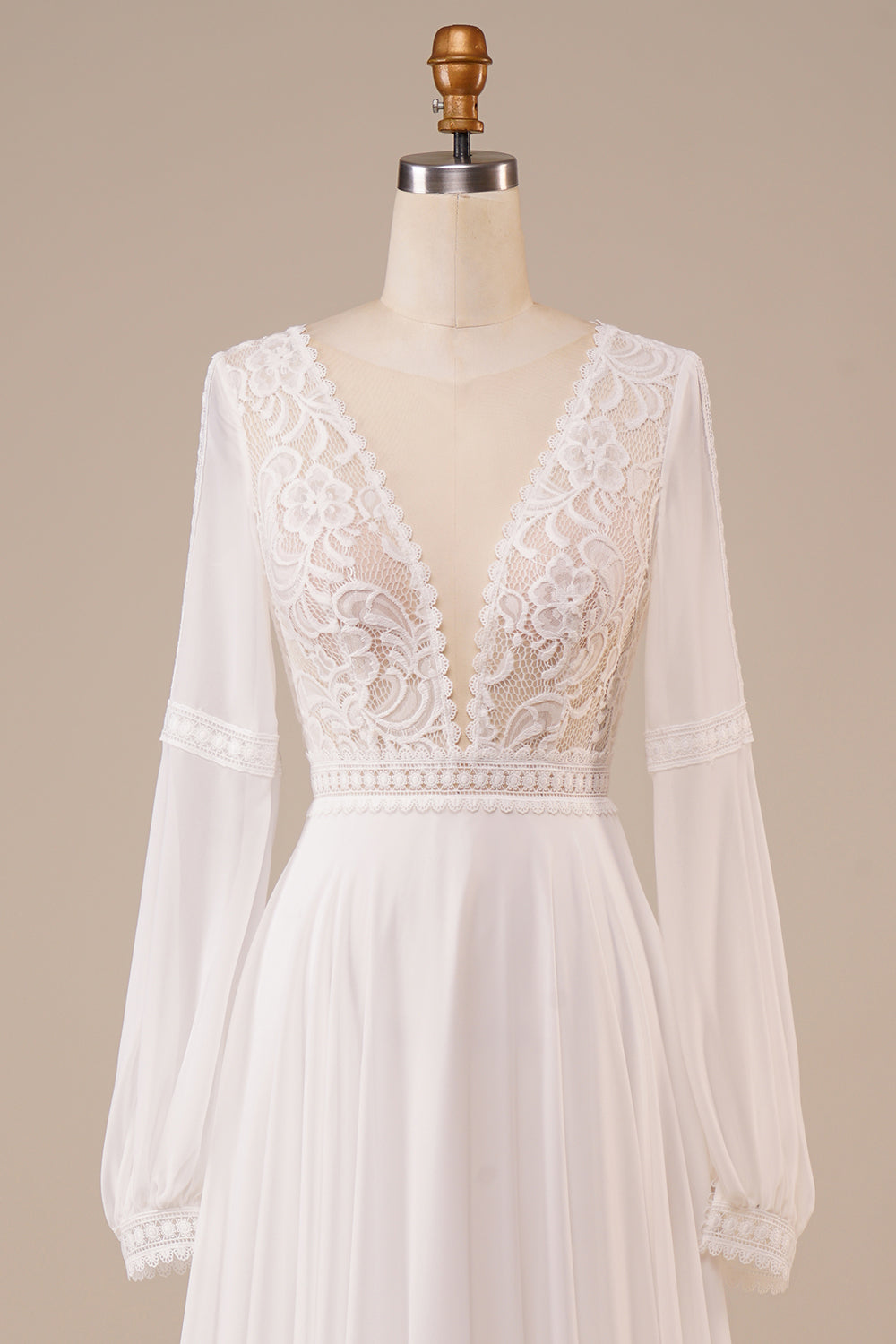 Leely Women Ivory Wedding Dress with Lace Deep V-Neck Long Sleeves