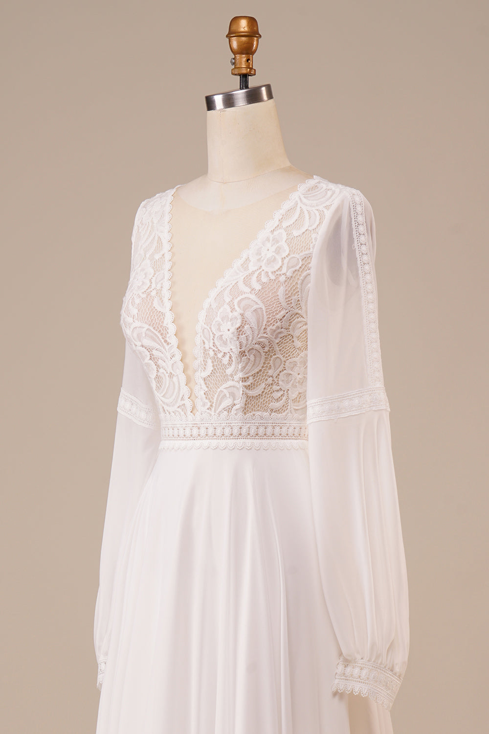 Leely Women Ivory Wedding Dress with Lace Deep V-Neck Long Sleeves