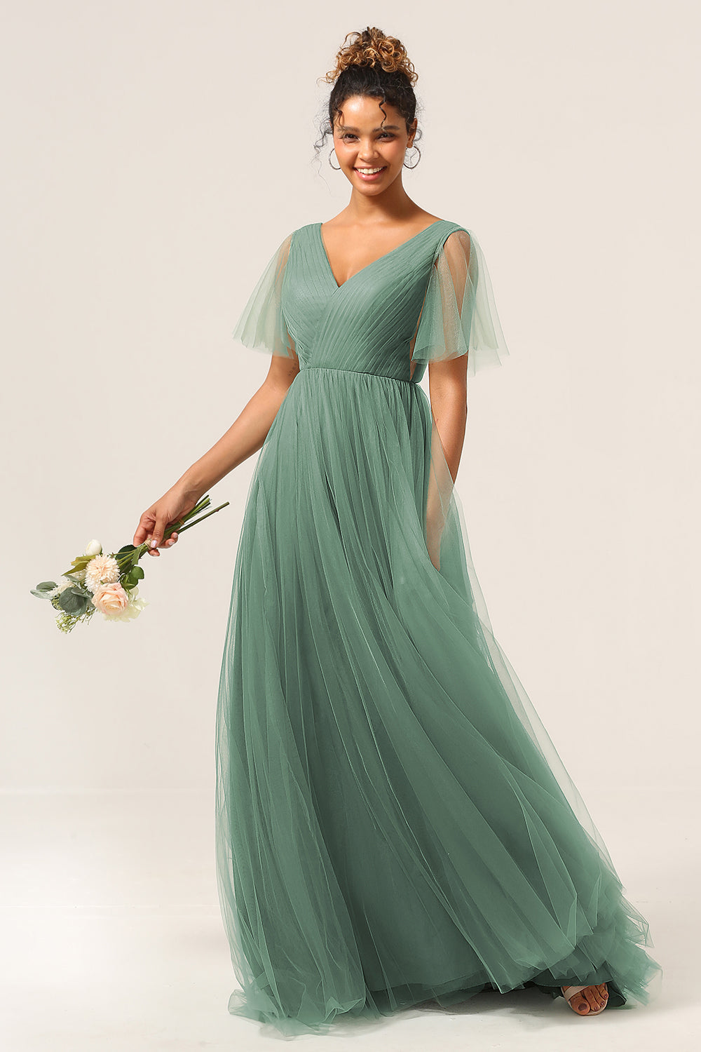 Leely Women Eucalyptus Bridesmaid Dress V Neck Open Back A Line Wedding