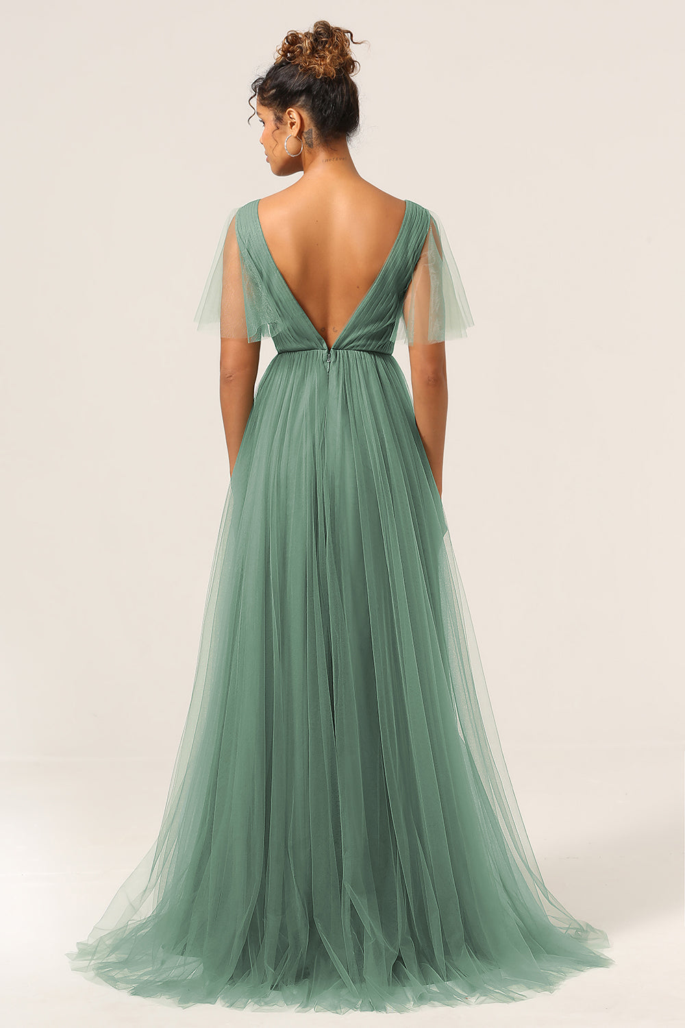 Leely Women Eucalyptus Bridesmaid Dress V Neck Open Back A Line Wedding