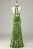Velvet Halter Olive Bridesmaid Dress