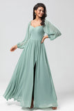 Off the Shoulder Long Sleeves Green Bridesmaid Dress with Slit