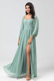 Off the Shoulder Long Sleeves Green Bridesmaid Dress with Slit