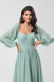 Off the Shoulder Long Sleeves Green Bridesmaid Dress with Slit