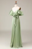 Matcha Spaghetti Straps Cold Shoulder A-line Satin Bridesmaid Dress