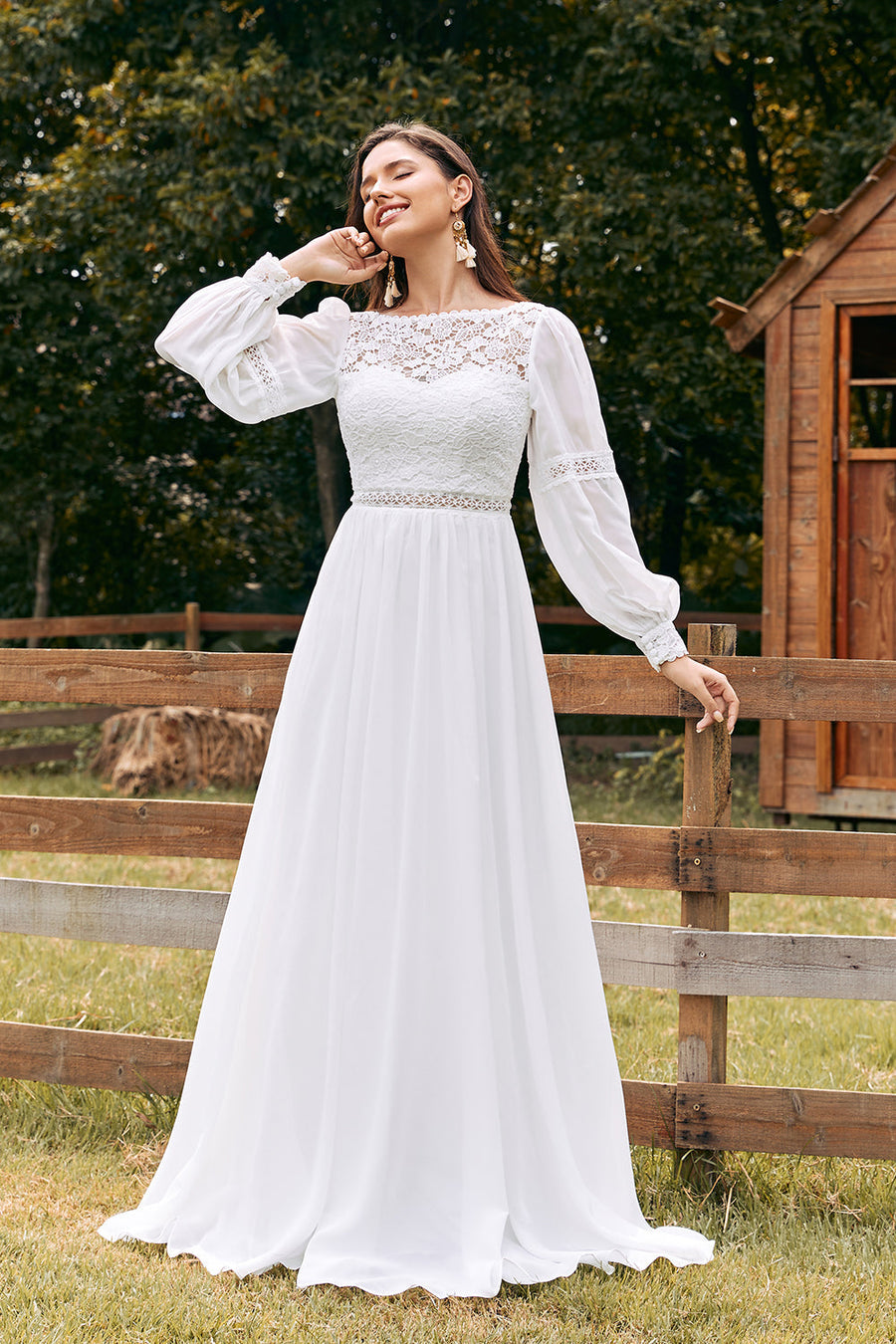 sachin and babi light blue dress Fashion Two Piece Long Sleeves Lace Top Chiffon Beach Wedding Dresses, –  AlineBridal main image 1