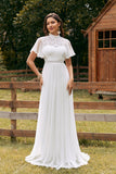 Ivory A Line Chiffon Wedding Dress with Appliqued Lace