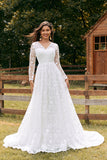Ivory A-Line V Neck Wedding Dress with Long Sleeves