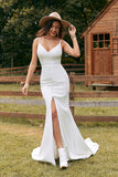 Ivory Mermaid Backless Simple Wedding Dress with Slit
