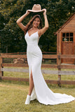 Ivory Mermaid Backless Simple Wedding Dress with Slit