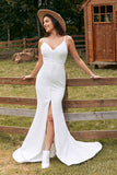 Ivory Mermaid Backless Simple Wedding Dress with Slit