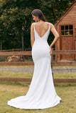Ivory Mermaid Backless Simple Wedding Dress with Slit