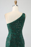 Sparkly Dark Green Beaded Long Mermaid Lace Prom Dress with Slit