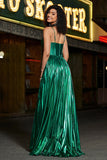Sparkly Dark Green A Line Long Corset Prom Dress With Slit