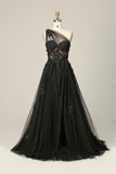 Sky Blue A Line One Shoulder Long Prom Dress with Appliques