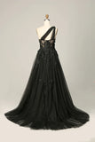 Elegant A Line One Shoulder Purple Long Prom Dress with Appliques