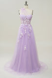 Sky Blue A Line One Shoulder Long Prom Dress with Appliques