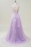 Sky Blue A Line One Shoulder Long Prom Dress with Appliques